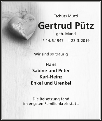 Anzeige von Gertrud Pütz von  Bergisches Handelsblatt 