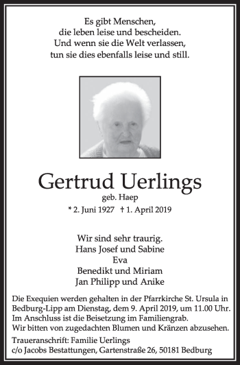 Anzeige von Gertrud Uerlings von  Sonntags-Post 