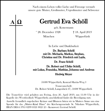 Anzeige von Gertrud Eva Schöll von Kölner Stadt-Anzeiger / Kölnische Rundschau / Express