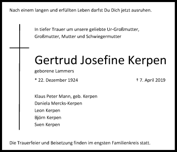 Anzeige von Gertrud Josefine Kerpen von Kölner Stadt-Anzeiger / Kölnische Rundschau / Express