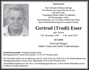 Anzeige von Gertrud Trudi Esser von  Sonntags-Post 