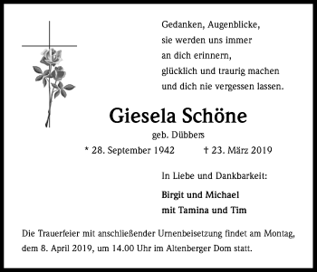 Anzeige von Giesela Schöne von Kölner Stadt-Anzeiger / Kölnische Rundschau / Express