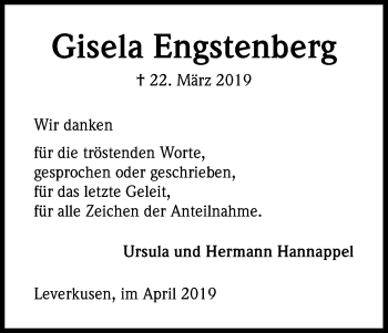 Anzeige von Gisela Engstenberg von Kölner Stadt-Anzeiger / Kölnische Rundschau / Express