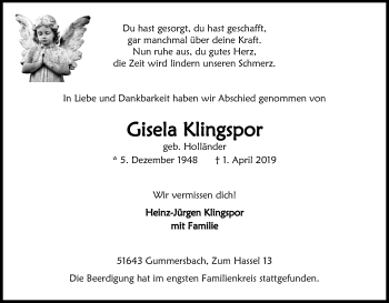 Anzeige von Gisela Klingspor von Kölner Stadt-Anzeiger / Kölnische Rundschau / Express