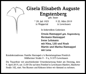 Anzeige von Gisela Elisabeth Auguste Engstenberg von Kölner Stadt-Anzeiger / Kölnische Rundschau / Express