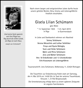 Anzeige von Gisela Lilian Schümann von Kölner Stadt-Anzeiger / Kölnische Rundschau / Express