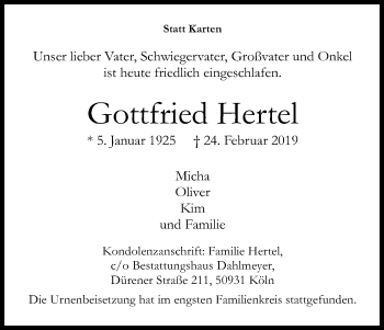 Anzeige von Gottfried Hertel von Kölner Stadt-Anzeiger / Kölnische Rundschau / Express