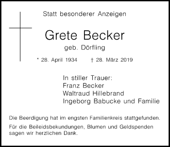 Anzeige von Grete Becker von Kölner Stadt-Anzeiger / Kölnische Rundschau / Express