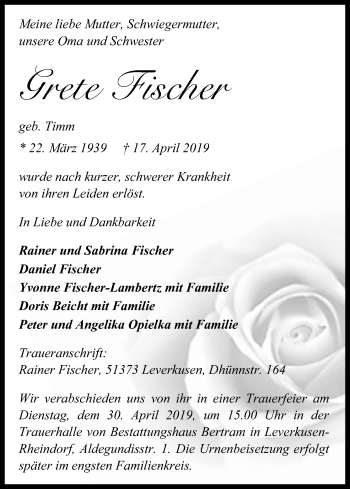 Anzeige von Grete Fischer von Kölner Stadt-Anzeiger / Kölnische Rundschau / Express
