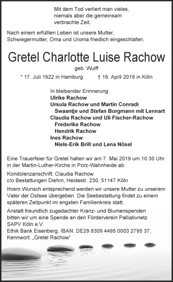 Anzeige von Gretel Charlotte Luise Rachow von  Kölner Wochenspiegel 