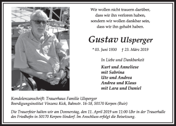 Anzeige von Gustav Ulsperger von  Sonntags-Post  