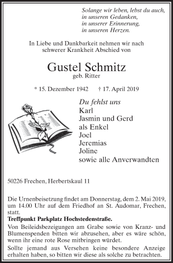 Anzeige von Gustel Schmitz von  Sonntags-Post 
