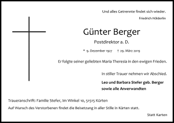 Anzeige von Günter Berger von Kölner Stadt-Anzeiger / Kölnische Rundschau / Express