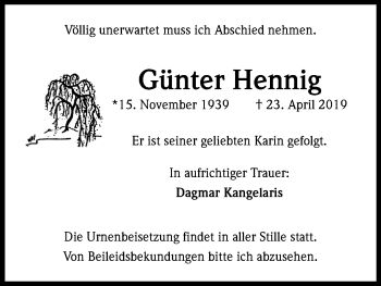 Anzeige von Günter Hennig von Kölner Stadt-Anzeiger / Kölnische Rundschau / Express