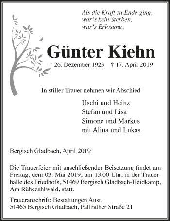 Anzeige von Günter Kiehn von  Bergisches Sonntagsblatt 