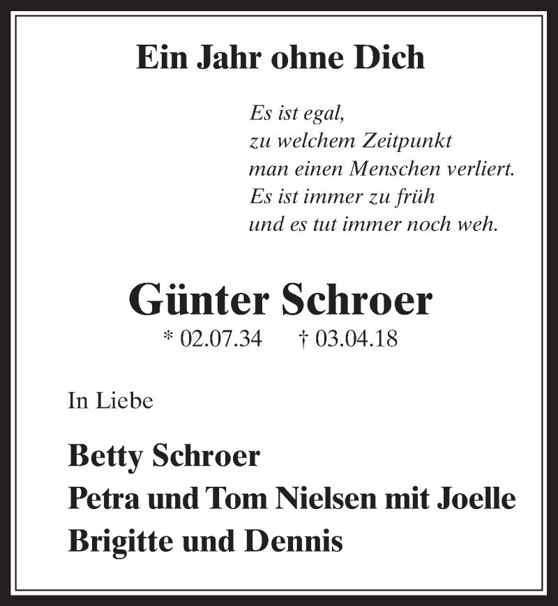  Traueranzeige für Günter Schroer vom 03.04.2019 aus  Werbepost 