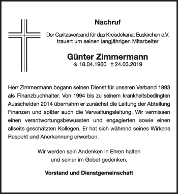 Anzeige von Günter Zimmermann von  Blickpunkt Euskirchen 