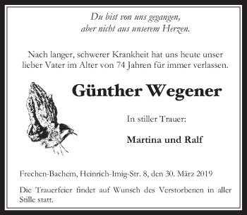 Anzeige von Günther Wegener von  Wochenende 