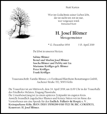 Anzeige von H. Josef Blömer von Kölner Stadt-Anzeiger / Kölnische Rundschau / Express