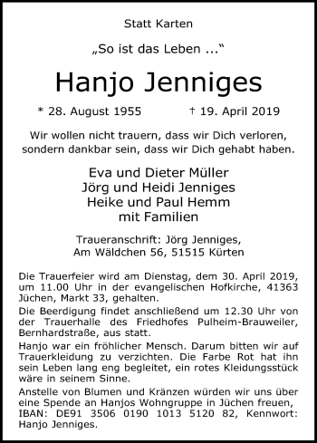 Anzeige von Hanjo Jenniges von Kölner Stadt-Anzeiger / Kölnische Rundschau / Express