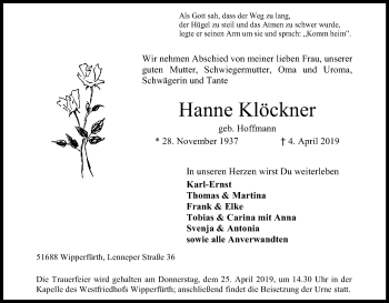 Anzeige von Hanne Klöckner von Kölner Stadt-Anzeiger / Kölnische Rundschau / Express