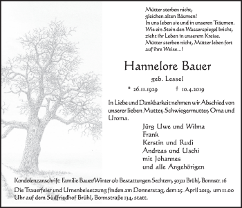 Anzeige von Hannelore Bauer von  Schlossbote/Werbekurier 