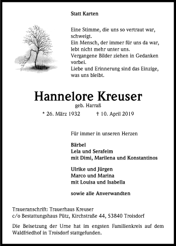 Anzeige von Hannelore Kreuser von Kölner Stadt-Anzeiger / Kölnische Rundschau / Express