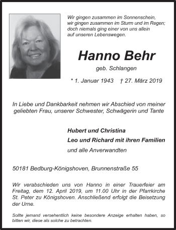 Anzeige von Hanno Behr von  Werbepost 
