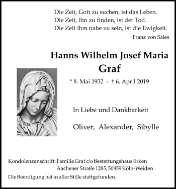 Anzeige von Hanns Wilhelm Josef Maria Graf von Kölner Stadt-Anzeiger / Kölnische Rundschau / Express