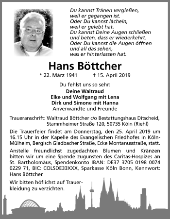 Anzeige von Hans Böttcher von Kölner Stadt-Anzeiger / Kölnische Rundschau / Express