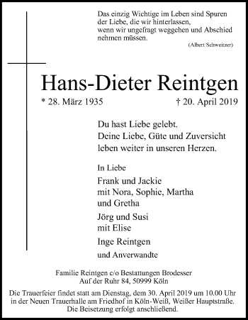 Anzeige von Hans-Dieter Reintgen von Kölner Stadt-Anzeiger / Kölnische Rundschau / Express