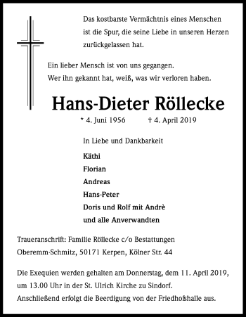 Anzeige von Hans-Dieter Röllecke von Kölner Stadt-Anzeiger / Kölnische Rundschau / Express