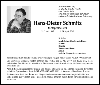 Anzeige von Hans-Dieter Schmitz von Kölner Stadt-Anzeiger / Kölnische Rundschau / Express