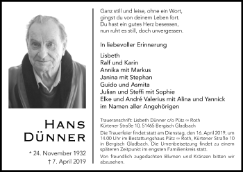 Anzeige von Hans Dünner von Kölner Stadt-Anzeiger / Kölnische Rundschau / Express