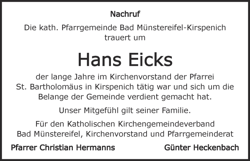  Traueranzeige für Hans Eicks vom 06.04.2019 aus  Blickpunkt Euskirchen 
