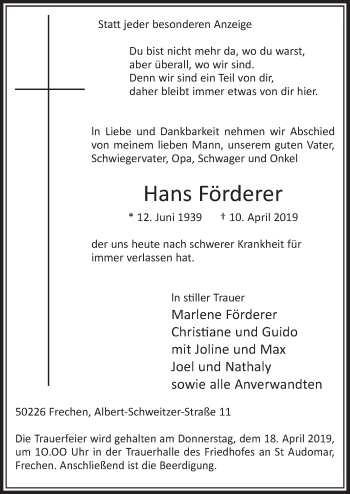 Anzeige von Hans Förderer von  Sonntags-Post 