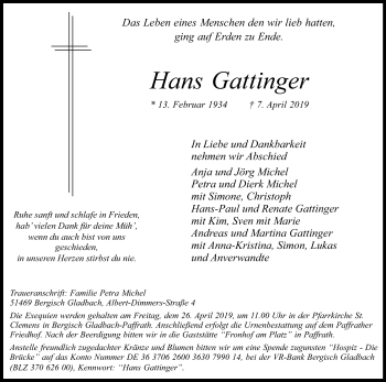 Anzeige von Hans Gattinger von Kölner Stadt-Anzeiger / Kölnische Rundschau / Express