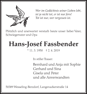 Anzeige von Hans-Josef Fassbender von  Schlossbote/Werbekurier 