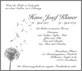 Anzeige von Hans-Josef Klauer von Kölner Stadt-Anzeiger / Kölnische Rundschau / Express