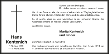 Anzeige von Hans Kentenich von  Schaufenster/Blickpunkt 