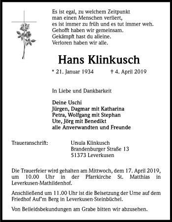 Anzeige von Hans Klinkusch von Kölner Stadt-Anzeiger / Kölnische Rundschau / Express