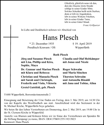 Anzeige von Hans Plesch von Kölner Stadt-Anzeiger / Kölnische Rundschau / Express