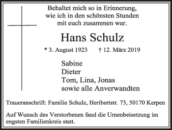 Anzeige von Hans Schulz von  Sonntags-Post 