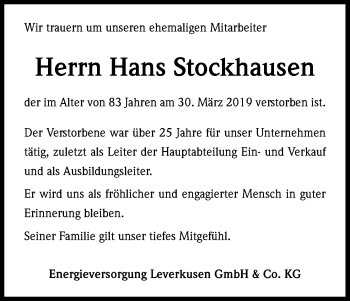 Anzeige von Hans Stockhausen von Kölner Stadt-Anzeiger / Kölnische Rundschau / Express