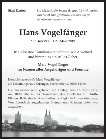 Anzeige von Hans Vogelfänger von  Wochenende 