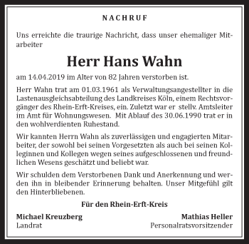 Anzeige von Hans Wahn von  Wochenende  Schlossbote/Werbekurier  Werbepost 