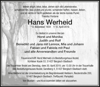 Anzeige von Hans Werheid von  Bergisches Handelsblatt 