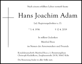 Anzeige von Hans Joachim Adam von Kölner Stadt-Anzeiger / Kölnische Rundschau / Express