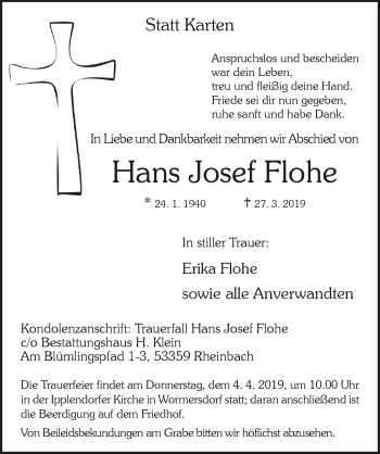 Anzeige von Hans Josef Flohe von  Schaufenster/Blickpunkt 