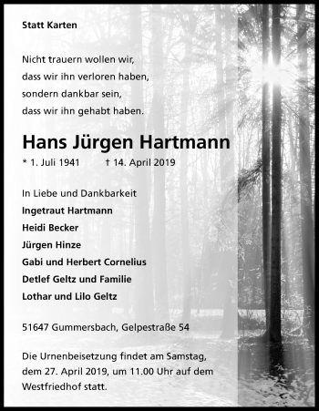 Anzeige von Hans Jürgen Hartmann von Kölner Stadt-Anzeiger / Kölnische Rundschau / Express